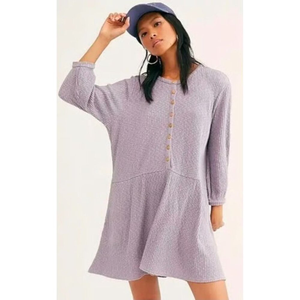 Free People Beach Oversized Assym, Thermal Waffle Knit 3/4 Length Slv Top, Lg